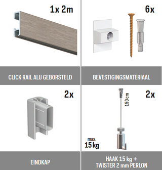 all-in-one kit 2 m Click Rail alu geborsteld + Twister 2 mm perlon 150 cm + haak 15 kg