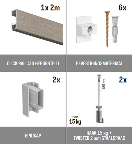 all-in-one kit 2 m Click Rail alu geborsteld + Twister 2 mm staaldraad 150 cm + haak 15 kg